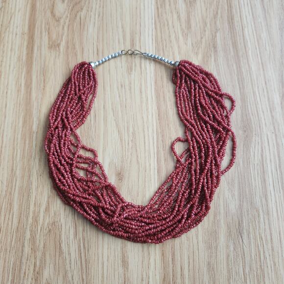 Red 18 Strand Seed Bead Bib Necklace 22" Boho Valentine Statement Collar Layered - Picture 3 of 8
